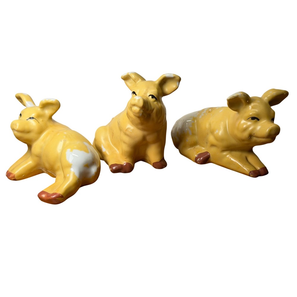 Vintage Yellow Ceramic Pig‎ Figurines Set of 3 Farmhouse Decor Made in China